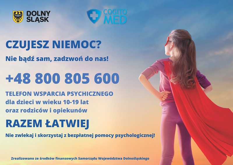 Plakat promujący infolinię WSPARCIA PSYCHICZNEGO dla dzieci w wieku 10-19 lat oraz rodziców i opiekunów